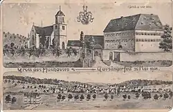 Postkarte von 1908 mit St. Erasmuskirche im Bauzustand nach der Erweiterung im Jahre 1882