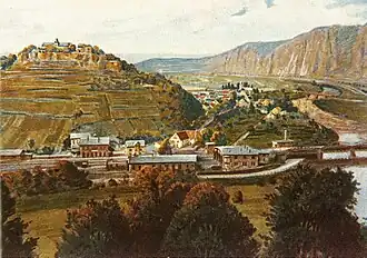 Postkartenansicht der Bahnanlagen von Ebernburg um 1900 nach einem Gemälde