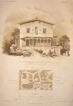 Villa Liegnitz, Ansicht der Stirnseite und Lageplan, veröffentlicht 1861