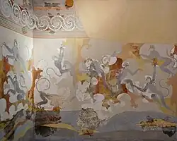 Das Fresko der Affen und Fragmente einer Darstellung zweier vierbeiniger Tiere (Rinder oder Ziegen?) aus Raum B6 im Sektor Beta