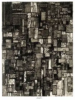 Hommage à Franz Kafka (1961), etching, drypoint, laquer, textile, paper