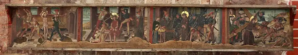 Predella mit den vier gemalten Szenen der Passion.