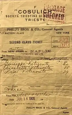 Fahrkarte 2. Klasse für $ 405 (+ $ 15&nbsp;Steuern), Boston-Neapel mit der Presidente Wilson am 8. August 1928, ausgegeben von Phelps Bros. & Co. in NY City (126&nbsp;×&nbsp;197 mm)