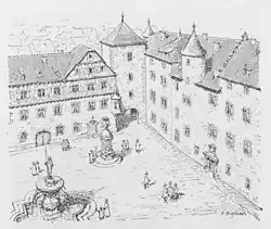 Prinzenbau, Tunzhofer Tor und Alte Kanzlei, Rekonstruktion des Zustandes 1683 (1951 veröffentlicht)