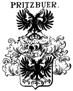 Kopfloser Doppeladler im Schild und Oberwappen des mecklen­burgischen Adels­geschlechts Pritzbuer