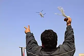 Hubschrauber über dem Tahrir-Platz und Victory-Zeichen[408]