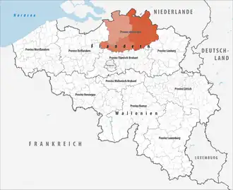 Lage der Provinz Antwerpen innerhalb Belgiens hervorgehoben