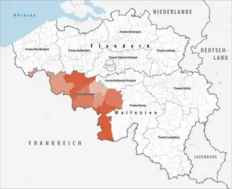 Lage der Provinz Hennegau innerhalb Belgiens hervorgehoben
