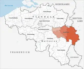 Lage der Provinz Lüttich innerhalb Belgiens hervorgehoben