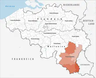 Lage der Provinz Luxemburg innerhalb Belgiens hervorgehoben