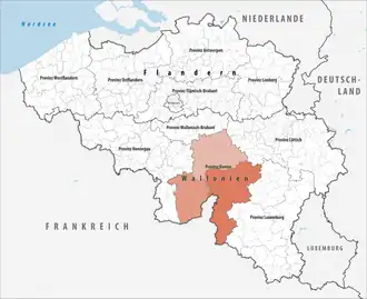 Lage der Provinz Namur innerhalb Belgiens hervorgehoben