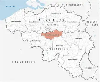 Lage der Provinz Wallonisch-Brabant innerhalb Belgiens hervorgehoben