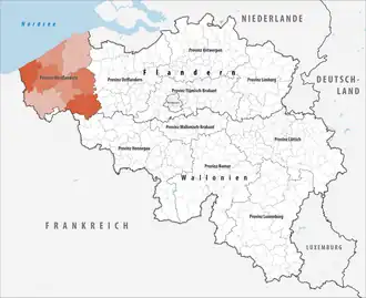 Lage der Provinz Westflandern innerhalb Belgiens hervorgehoben
