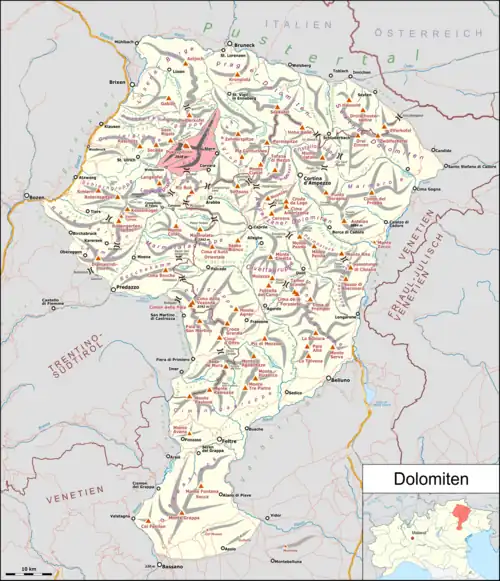 Puezgruppe rot markiert auf der Dolomitenkarte