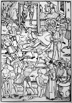 Strafvollstreckung, Holzschnitt mit der Darstellung verschiedener Todes- und Leibestrafen, aus einem Raubdruck des Laienspiegels (Straßburg, 1510)