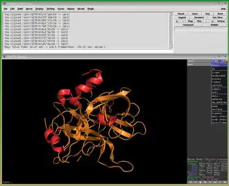 Die grafischen Benutzeroberflächen von PyMOL mit der gerenderten Darstellung einer Proteinstruktur.