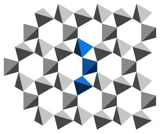 α-Quarzstruktur: Verknüpfung spiralförmiger Ketten, eine Kette blau hervorgehoben; Blick entlang der c-Achse (3-zählige Achse)