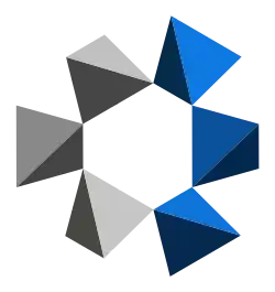 α-Quarzstruktur: Paar spiralförmiger Ketten in Richtung der c-Achse, eine Kette blau hervorgehoben; Blick entlang der c-Achse (3-zählige Achse)