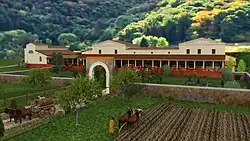 3D-Rekonstruktion der Herberge mit Portikus und Therme sowie Gärten im Vordergrund und Wald im Hintergrund