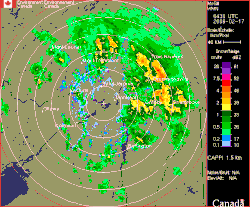 CAPPI mit einer Reflektivitätsanzeige einer Höhe von 1,5&nbsp;km von Montreal (Environment and Climate Change Canada)
