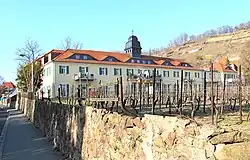 Ehemalige Sektkellerei Bussard, heute zur Wohnanlage umgenutzt. Unterhalb des Gebäudes befindet sich ein Weingarten.