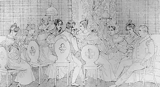 Zeichnung von Elisa Radziwiłł: Abendgesellschaft auf Schloss Ruhberg im Hirschberger Tal