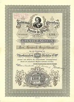 Gründer-Schein des Raimund Theater-Vereins in Wien über 400 Gulden, ausgestellt im Dezember 1893, mit Porträt des Dramatikers Ferdinand Raimund
