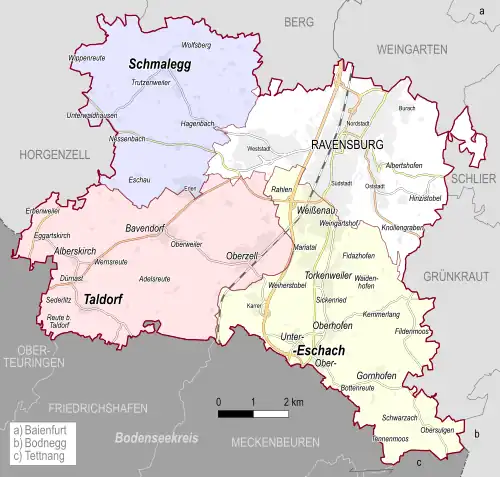 Grafik mit einer Karte der Stadtteile von Ravensburg