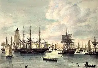 Zeitgenössische Ansicht der Reede von Batavia.