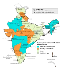 Regierungsparteien auf Bundesstaatsebene unmittelbar nach der Wahl 2009 und vor der Wahl 2014 Indischer Nationalkongress Bharatiya Janata Party Andere President’s rule