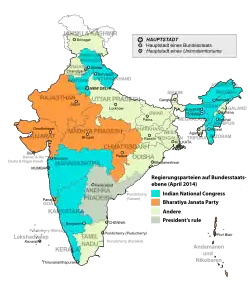 Regierungsparteien auf Bundesstaatsebene unmittelbar nach der Wahl 2009 und vor der Wahl 2014 Indischer Nationalkongress Bharatiya Janata Party Andere President’s rule