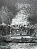Brand der Rheinbrücke bei Reichenau am 31.&nbsp;Juli/1.&nbsp;August&nbsp;1880; Zeichnung von Johannes Weber