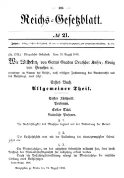 Verkündung des Bürgerlichen Gesetzbuchs (RGBl. 1896, S.&nbsp;195)