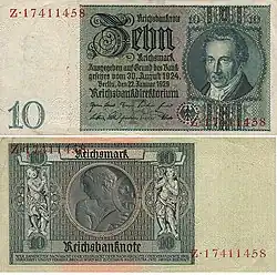 10 RM Druck Juli 1938 VS: Kopfbildnis Albrecht Daniel Thaer RS: Allegorie Landwirtschaft