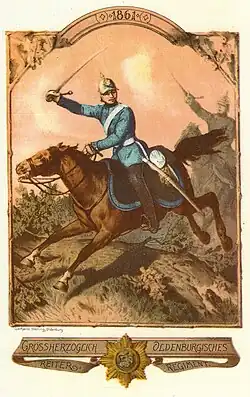 Reiter des Regiments 1861 mit Helm und dem 1850 eingeführten hellblauen Waffenrock nach Muster der preußischen Dragoner