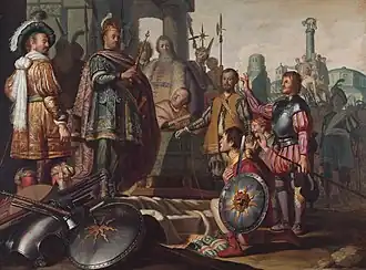 Historiengemälde mit Selbstporträt des Malers, Öl auf Eichenholz, 90,1&nbsp;× 121,3&nbsp;cm, 1626, Museum De Lakenhal, Leiden