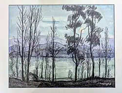 Rheinlandschaft im Mondschein, Aquarell von Eduard Waldraff, 1977