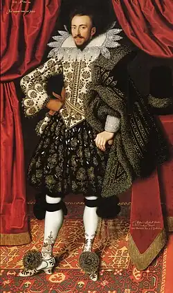 William Larkin, Richard Sackville, 3. Earl of Dorset, 1613, steht auf einem „Lotto-Teppich“.