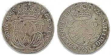 Rigsorten, die 24-Schilling-Münze von 1734.