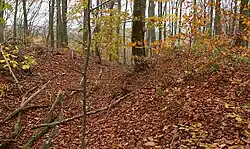 Mittig der Graben und rechts der Wall, dahinter der Steilabhang