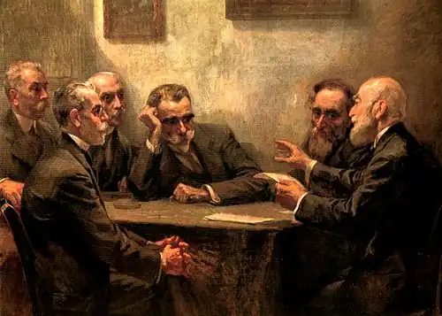 Die Dichter, Ölgemälde auf Leinwand (gest. 1919). 130 × 170 cm, Sammlung des [[Parnassos (Verein)]], Athen.