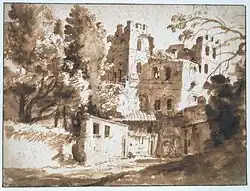 Rückseite der aufgemauerten und überwucherten Porta Pinciana. Tuschzeichnung von Herman van Swanevelt, ca. 1636–1640.