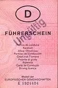 Vorderseite des rosa EG-Führerscheins, der vom 1. April 1986 bis 31. Dezember 1998 ausgegeben wurde