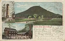 Historische Ansicht des Rosenbergs mit dem zweiten ummantelten Aussichtsturm von 1893 (1902)