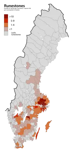 Verbreitung von Runensteinen (pro&nbsp;km²) in Schweden