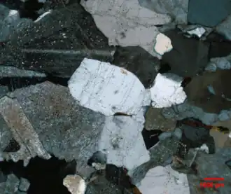 Dito. Das zentrale hellgraue Quarzkorn wird von Flüßigkeitseinschlüssen gequert. Der Alkalifeldspat auf der linken Seite ist stark serizitisiert und zeigt auf der rechten Seite beginnende Subkornbildung. Rechts sind kleine Biotite zu erkennen.