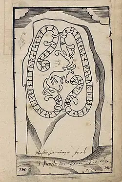 Runenstein von Västerhaninge und Zeichn. von Petrus Helgonius 1688