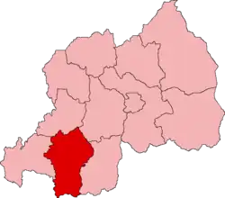 Lagekarte der ehemaligen Provinzen Ruandas mit Vorhebung der Provinz Gikongoro im Süden