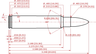 technische Zeichnung der Patrone; Bemaßung in Zoll (mm)