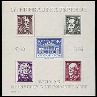 Briefmarkenblock der Sowjetischen Besatzungszone, Thüringen, für den Wiederaufbau des Weimarer Nationaltheaters